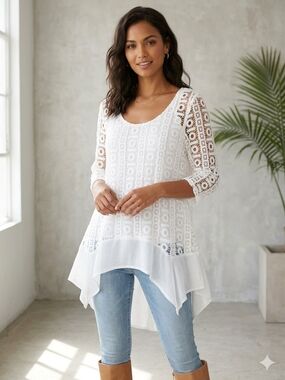 Adiva White Crochet Lace Handkerchief Hem Boho Vacation Light Tunic Sz M